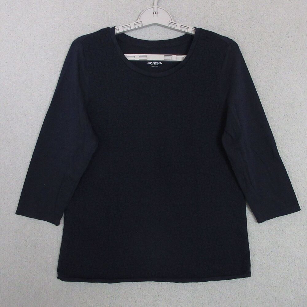 Talbots Top Womens L Navy 3/4 Sleeve Crew Neck‎ Textured Overlay Cotton Blend